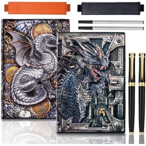 FEIDIAO 2Pcs Vintage Dragon Embossed Leather Notebook DND Notebook A5 Travel Journal with 2 Ballpoint Pen,2 Refill,2 Pen Sleeve,Hardcover Liner Journal,Writing Notebook Gift for Men&Women(Dragon)