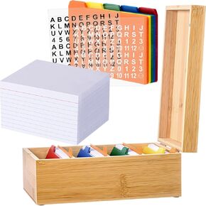 Henoyso Index Card Holder Set 3 x 5 Inches Bamboo Index Cards Organizer 600 Pcs Note Cards 30 Pcs Index Card Dividers 2 Sheets Index Card Stickers File Note Index Card Box for Office Business Desk