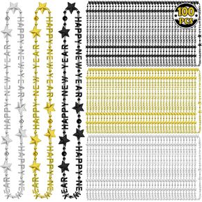 24PCS New Years Necklace Decorations, New Years Eve Bead Necklaces Party Supplies 2025, HAPPY NEW YEAR Star Necklace Bulk Accessories, Black Gold Silver Bead Necklace 2025 for New Year Decorations