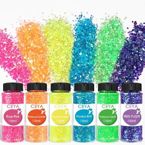 Ceya Bulk Chunky Glitter 6 Assorted Colors, 4.23OZ Each Jar Iridescent Crafts Glitter Set, 1/24" Medium Size Nail Sequins for School Classroom Art,DIY Craft Slime,Blue,Pink,Orange, Green,Yellow,Purple