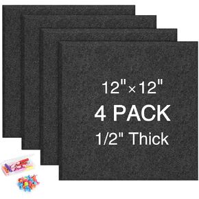 4 Pack Felt Cork Board Tiles, 12x12 Cork Bulletin Board Square Pin Board for Wall, 1/2" Thick Adhesive Cork Board for School, Home & Office, Grey Cork Sheet with Push Pin & Wood Clips