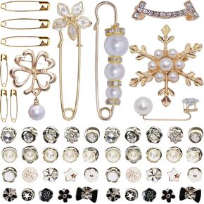 52pcs Brooch Pins Charms For Socks Bulk Fashion Decorative Safety Pins Broches For Women Girls Rhinestone Pearl Bling Gold Junk Sock Jewelry Charms Brooch Pins For Shoes Clothes Hats Pant Shawl Scarf