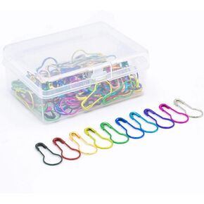 100 Pieces Safety Pins, Bulb Stitch Markers 10 Metalic Colors Assorted Metal Calabash Pins Pear Shape Knitting Pins for Crocheting Clothing Tag DIY Craft Project with Storage Box
