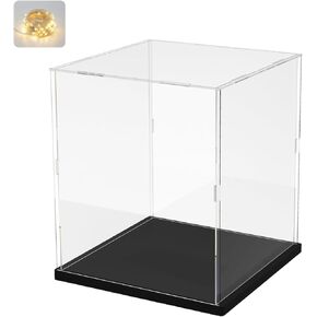 Thickened Clear Acrylic Display Case with Wood-Plastic Base for Lego 43230 75398 76989 21349 Figures Transparent Box Organizer Protection, Black Inside 9.8x9.8x15.7 inch