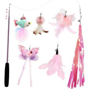 SONGWAY Cat Wand Toys for Indoor Cats - Cat Feather Toys with Retractable Cat Stick and 6 PCS Fairy Cat Teaser Toy Refills, Butterfly Tassel Plush Cat Toys Interactive, Blue