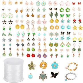 lyfLux 140 PCS Floral Themed Jewelry Pendants, Assorted Gold Enamel Charm Pendants 80m Elastic Bracelet String for DIY Necklaces, Bracelets as Gifts
