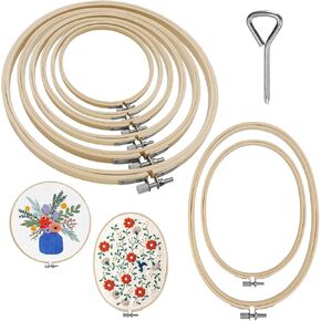 SNAIL GARDEN 8 Pcs 8 Sizes Round+Oval Embroidery Hoops Set,Bamboo Embroidery Rings,Cross Stitch Hoops 8cm to 26cm with 1 pcs Screwdriver for Handmade Art Craft Sewing,Embroidery Craft Making