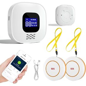جهاز النداء الذكي لمقدمي الرعاية عبر WiFi، أنظمة تنبيه الحياة لكبار السن بدون رسوم شهرية، زر اتصال لكبار السن في المنزل، 2 زر SOS مقاوم للماء وجهاز استقبال واحد (يدعم فقط شبكة Wi-Fi بسرعة 2.4 جيجا هرتز)