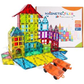 Magnetic Building Tiles for Kids, 100 Pcs Magnetic Building Blocks Set with 2 Cars, Construction Magna Tiles, STEM Sensory Stacking Educational Toys Gifts 3+ Girls and Boys
