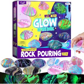 2 in 1 Rock Painting Art Kit - Glow in The Dark Pouring Rock Kit - Arts and Crafts for Kids Girls & Boys Ages 6-8, 8-12, Craft Paint Kits Art Toys, Art Supplies Christmas Birthday Gift for Kids