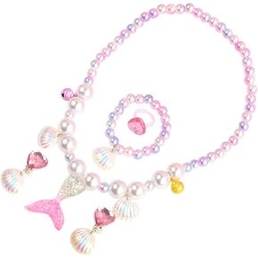 Mermaid Jewelry Set for Girls: Mermaid Necklace, Pearl Shell Bracelet, Jewel Ring and 1 Pair Shell Earrings - Mermaid Costume Jewelry Kits for Ocean Theme Party