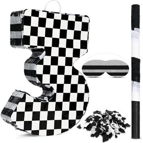 Lewtemi Racing Car Number Pinata Small Checkered Number Birthday Party Decoration Black and White Decorative Number with Stick Confetti Eye Mask for Boy Celebration 15.3 x 10.6 x 2.8 Inch(Number 2)