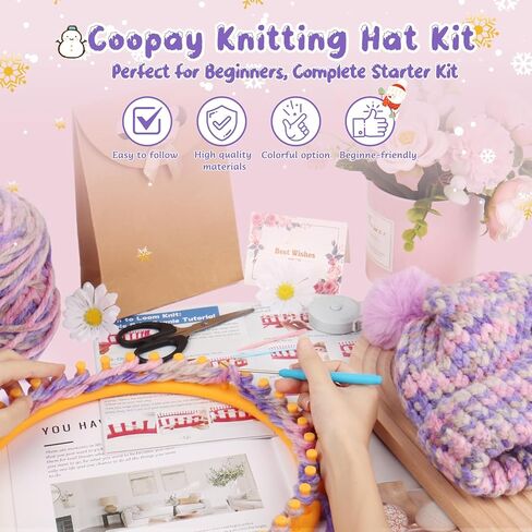 Coopay Knitting Kit for Beginners, Knit Hat Loom Knitting Kit with Step-by-Step Instruction, Learn How to Knit Hat for Family, Included Yarn & Round Loom, Fantastic DIY Gifts Knit Hat, Lilac in Saudi Arabia