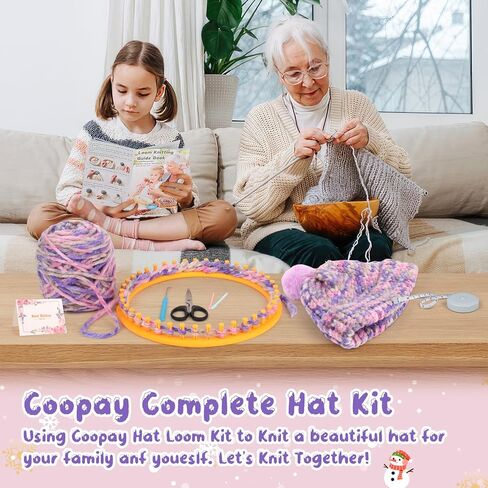Coopay Knitting Kit for Beginners, Knit Hat Loom Knitting Kit with Step-by-Step Instruction, Learn How to Knit Hat for Family, Included Yarn & Round Loom, Fantastic DIY Gifts Knit Hat, Lilac in Saudi Arabia