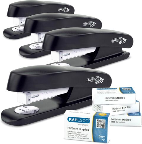 Rapesco 1756 Business Pack: 4 ECO Half Strip Staplers and 4 Boxes of 1000 x Type 26 Standard 1/4" Staples, 20 Sheet Capacity, Black in Saudi Arabia