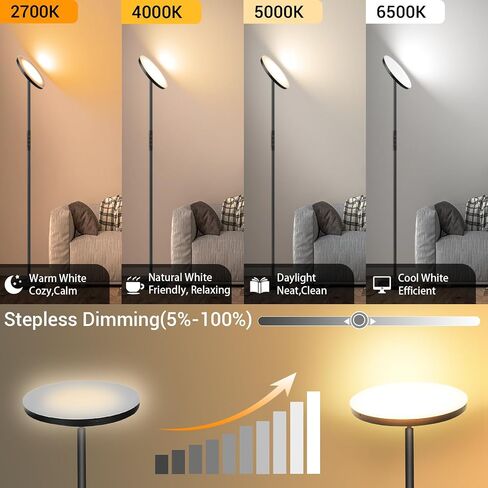 Floor Lamp, Upgraded 36W 3600LM Super Bright Torchiere LED Floor Lamps for Living Room, Stepless Dimmable Color Temperature 2700K-6500K with Remote & Touch Control, Standing Light for Bedroom Office in Kuwait