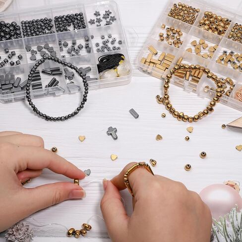 250PCS Natural Gold-Plated Hematite Beads Box Set Kits Round Loose Gemstone Natural for Jewelry Making with Crystal Stretch Cord and Burlywood Waxed Polyester Beading Cord String in Saudi Arabia