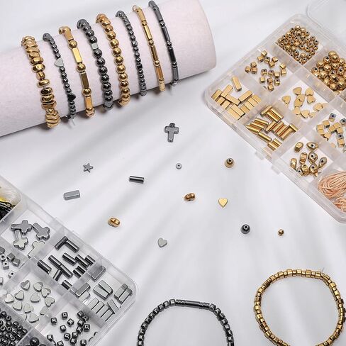 250PCS Natural Gold-Plated Hematite Beads Box Set Kits Round Loose Gemstone Natural for Jewelry Making with Crystal Stretch Cord and Burlywood Waxed Polyester Beading Cord String in Saudi Arabia