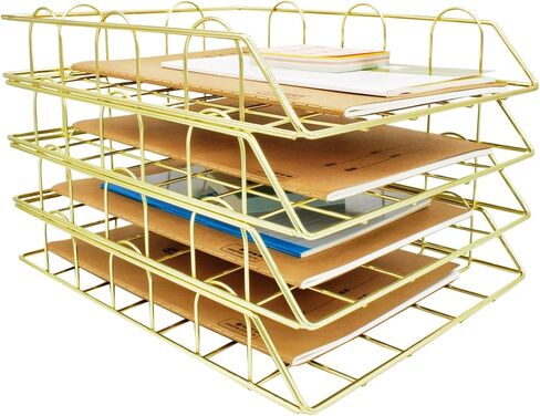 JIARI 2 Pack Desk Organizer Stackable Letter Tray Paper Organizer, Metal Desk Organizer Tray for Letter/A4 Paper Storage, for Office Supplies (Gold 2 Pack) in Kuwait