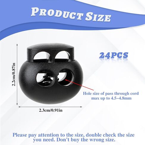 24 Pcs Black Plastic Spring Cord Lock Toggle Stopper for Drawstring, Double Hole Cord Locks Spring Stop Toggle Stoppers Black Cord Lock Shoelaces Backpack Bags Paracord in Saudi Arabia