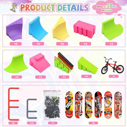 MOMSIV Finger Skateboard Park Kit, 57pcs Finger Skateboard Park Set with 6 Finger Skateboards for Kids 31 Ramps and 1*Bicycles, Large Finger Skateboard Park Training Gift Toy for Ages 6+ in Saudi Arabia
