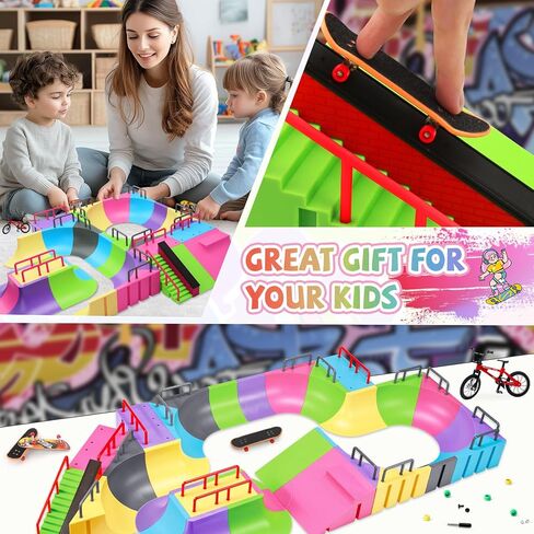 MOMSIV Finger Skateboard Park Kit, 57pcs Finger Skateboard Park Set with 6 Finger Skateboards for Kids 31 Ramps and 1*Bicycles, Large Finger Skateboard Park Training Gift Toy for Ages 6+ in Saudi Arabia