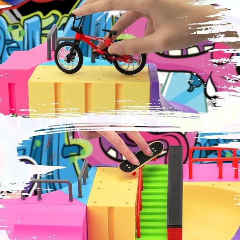 MOMSIV Finger Skateboard Park Kit, 57pcs Finger Skateboard Park Set with 6 Finger Skateboards for Kids 31 Ramps and 1*Bicycles, Large Finger Skateboard Park Training Gift Toy for Ages 6+ in Saudi Arabia