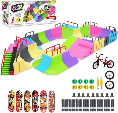 MOMSIV Finger Skateboard Park Kit, 57pcs Finger Skateboard Park Set with 6 Finger Skateboards for Kids 31 Ramps and 1*Bicycles, Large Finger Skateboard Park Training Gift Toy for Ages 6+ in Saudi Arabia