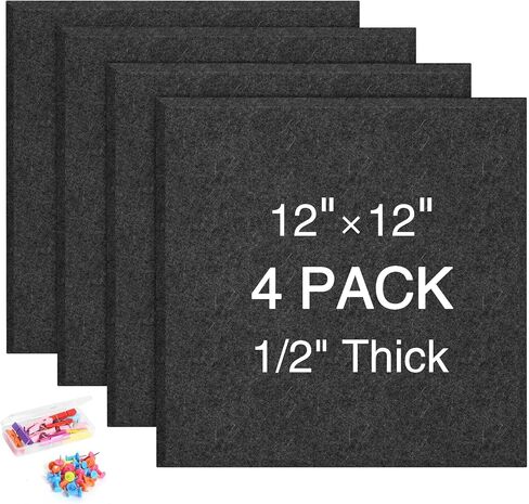 4 Pack Felt Cork Board Tiles, 12x12 Cork Bulletin Board Square Pin Board for Wall, 1/2" Thick Adhesive Cork Board for School, Home & Office, Grey Cork Sheet with Push Pin & Wood Clips in Saudi Arabia