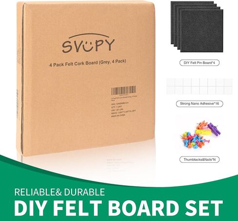 4 Pack Felt Cork Board Tiles, 12x12 Cork Bulletin Board Square Pin Board for Wall, 1/2" Thick Adhesive Cork Board for School, Home & Office, Grey Cork Sheet with Push Pin & Wood Clips in Saudi Arabia