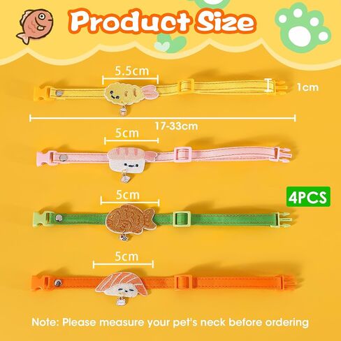4 قطع طوق قطط سوشي لطيف، 7-13 بوصة لون معكرون قابل للتعديل مريح وخفيف الوزن طوق أمان للقطط الصغيرة والمتوسطة للارتداء اليومي وحفلات أعياد ميلاد الحيوانات الأليفة (أصفر، وردي، أخضر، برتقالي) in Kuwait