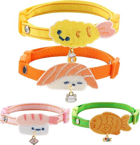 4 قطع طوق قطط سوشي لطيف، 7-13 بوصة لون معكرون قابل للتعديل مريح وخفيف الوزن طوق أمان للقطط الصغيرة والمتوسطة للارتداء اليومي وحفلات أعياد ميلاد الحيوانات الأليفة (أصفر، وردي، أخضر، برتقالي) in Kuwait