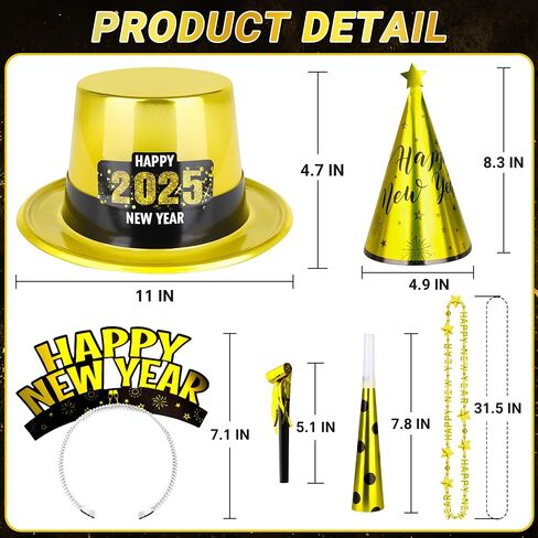 30PCS NYE Party Supplies, New Years Eve Party Favors 12 Guests, Plastic New Years Party Hats, 2025 NYE Headband Gold Silver Black Foil Blowouts Star Cone Hat Party Horns New Years Necklace Gathering in Saudi Arabia