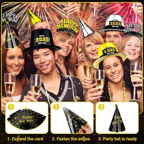 30PCS NYE Party Supplies, New Years Eve Party Favors 12 Guests, Plastic New Years Party Hats, 2025 NYE Headband Gold Silver Black Foil Blowouts Star Cone Hat Party Horns New Years Necklace Gathering in Saudi Arabia