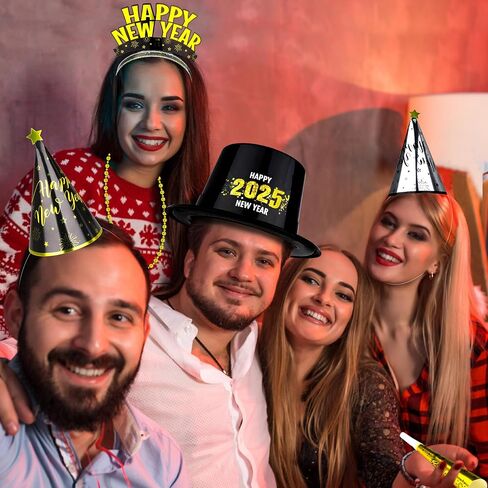 30PCS NYE Party Supplies, New Years Eve Party Favors 12 Guests, Plastic New Years Party Hats, 2025 NYE Headband Gold Silver Black Foil Blowouts Star Cone Hat Party Horns New Years Necklace Gathering in Saudi Arabia