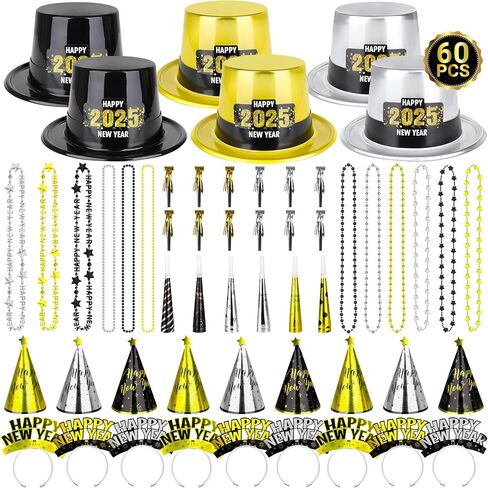 30PCS NYE Party Supplies, New Years Eve Party Favors 12 Guests, Plastic New Years Party Hats, 2025 NYE Headband Gold Silver Black Foil Blowouts Star Cone Hat Party Horns New Years Necklace Gathering in Saudi Arabia