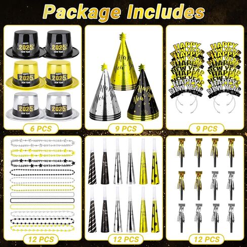 30PCS NYE Party Supplies, New Years Eve Party Favors 12 Guests, Plastic New Years Party Hats, 2025 NYE Headband Gold Silver Black Foil Blowouts Star Cone Hat Party Horns New Years Necklace Gathering in Saudi Arabia