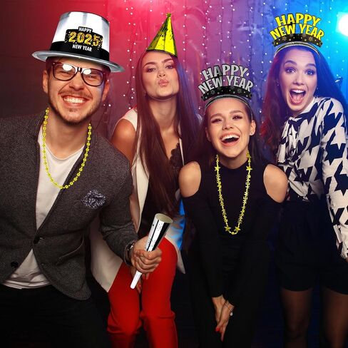 30PCS NYE Party Supplies, New Years Eve Party Favors 12 Guests, Plastic New Years Party Hats, 2025 NYE Headband Gold Silver Black Foil Blowouts Star Cone Hat Party Horns New Years Necklace Gathering in Saudi Arabia