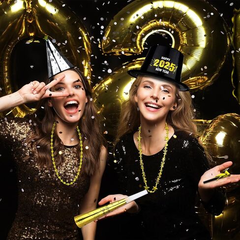 30PCS NYE Party Supplies, New Years Eve Party Favors 12 Guests, Plastic New Years Party Hats, 2025 NYE Headband Gold Silver Black Foil Blowouts Star Cone Hat Party Horns New Years Necklace Gathering in Saudi Arabia