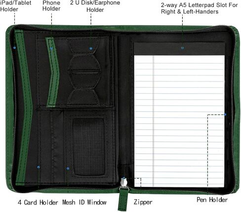 Junior Padfolio Portfolio with 5 x 8 Writing Pad, A5 Business Portfolio Binder Folder Organizer Multi-Function Combination Case for Women, Green in Kuwait