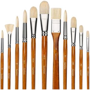 Fuumuui Oil Paint Brushes, 11pcs Professional Natural Hog Bristle Acrylic Paint Brush Set Perfect for Oil and Acrylic Painting with Long Handle