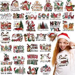 TecUnite 36 Sheets Christmas Iron on Transfers Patches Book Lover Heat Transfer Vinyl for T Shirts Cute Clothes Decorations Sticker Book Santa Iron on Decals for Clothes Bag Xmas DIY(Christmas)