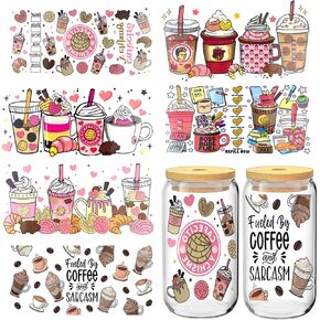 UV DTF Cup Wrap Transfer Stickers for Glass, 6 Sheets Cup Rub on Transfers for Crafting Cup Decal Stickers for 16OZ Libbey Glass Cups Furniture Craft Wood DIY Crafts (Style 1)