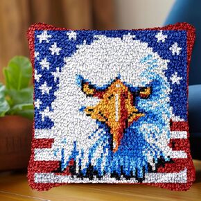 American Flag Eagle Latch Hook Pillow Kit for Adults Throw Pillow Cover with Printed Canvas Crochet Yarn Needle Craft Easy DIY Handmade Cushion for Sofa Decoration 43x43cm(5)