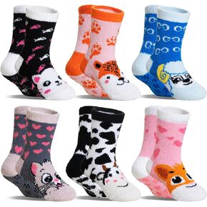 Kids Fuzzy Slipper Socks with Grips Children Boys Girls Toddlers Non Slip Warm Winter Cozy Fluffy Thermal Cute Socks 6 Pairs