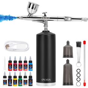 Ovaga 32PSI Airbrush Kit, Portable Cordless Auto Airbrush Gun Kit, Rechargeable Handheld Air Brush with Airbrush Paint Set 11 Colors for Painting Makeup Cake Decor Model Coloring Nail Art Tatt