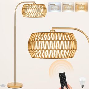 Rattan Floor Lamps for Living Room, Boho Standing Lamps with Rattan& Linen Double Shades, Arc Lamps Floor Standing with 9W Bulb, Foot Switch, Bohemian Floor Lamps for Bedroom, Office