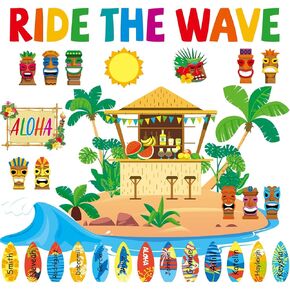 Summer Classroom Decorations Summer Theme Bulletin Board Set Hawaiian Tropical Luau Aloha Cutouts Wall Decals Beach Flower Palm Leaves Tiki Paper-Cuts for Summer Birthday Party Nursery Classroom Decor