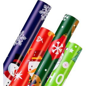 Cherubfunz Christmas Wrapping Paper for Gift (4 Rolls: 93 sq. ft. ttl) Funny Santa Claus Snowflakes Snowman Christmas Pine Trees- Christmas Elements Collection - 17 inches x 16.5 feet Per Roll