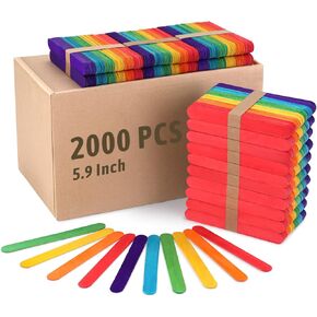 WISYOK 2000 Pcs Colored Jumbo Popsicle Sticks, 6 Inch Wooden Rainbow Craft Sticks, Wide Lollipop Sticks, Ice Pop Sticks, Great for DIY Craft Creative Designs and Children Education, Home Art Projects